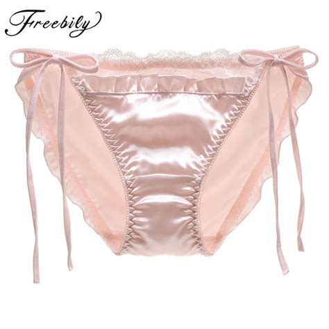 Womans Girls Sissy Satin Lace Trim Low Rise Tie Side Bikini Briefs Panties Underwear Underpants