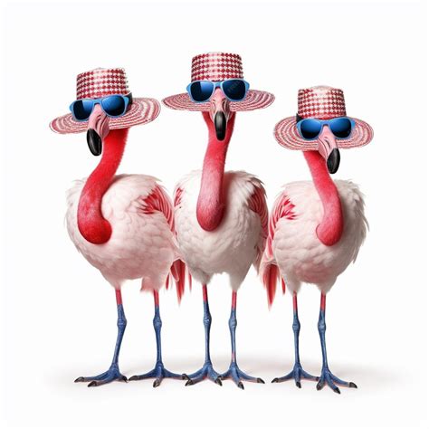 Premium Ai Image Three Flamingos Wearing Hats And Sunglasses Stand