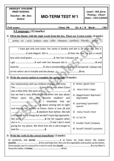 Th Form Mid Term Test Esl Worksheet By Zouhaier B S