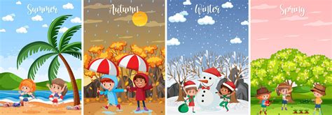 Set of children in four seasons backgrounds 5346831 Vector Art at Vecteezy