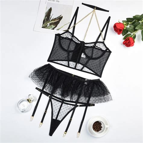 Black Mesh Polka Dot Sexys Lingerie With Chain Comfortable Ultra Thin Unline Lingerie Gift For