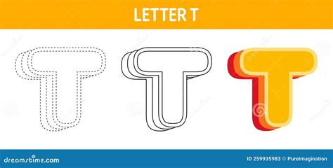 Letter T Orange Tracing And Coloring Worksheet For Kids Stock Vector