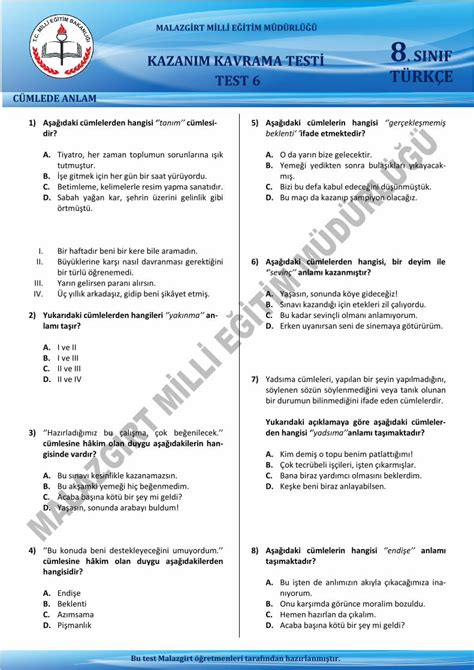 PDF 8 SINIF TEST 6 TÜRKÇE MEB MUŞmalazgirt meb gov tr