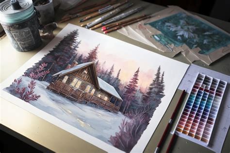 Premium AI Image | A painting of a cabin in the snow