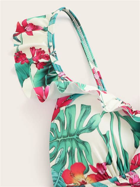 Maillot De Bain Une Pi Ce Avec Imprim Tropical Et Plis Shein