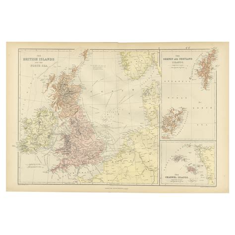 Colorful Detailed Antique Map Of The British Islands And `the North Sea