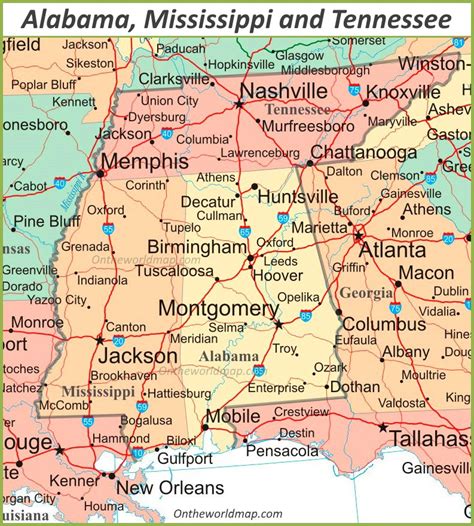 Map Of Alabama Mississippi And Tennessee