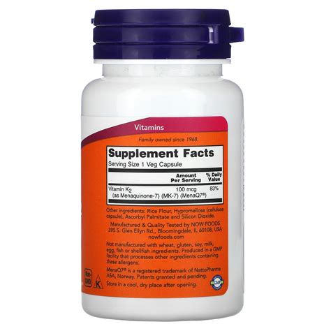 NOW Foods MK 7 Vitamin K 2 100 Mcg 60 Veg Capsules