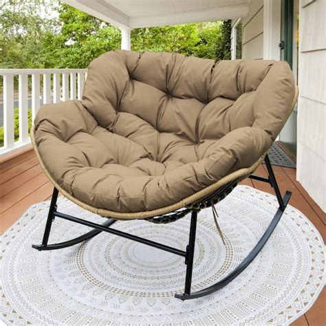 NICESOUL Oversized Brown PE Wicker Outdoor Rocking Chair Papasan Chair ...