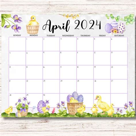 Editable April Calendar Happy Easter Day Cute Ducks Chicken