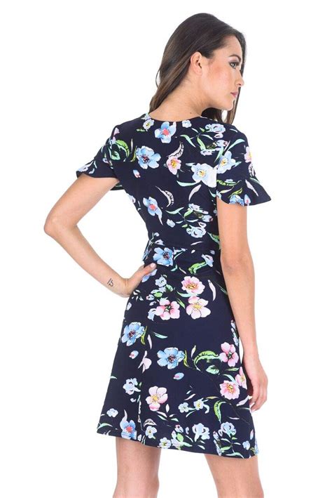 Navy Floral Frill V Neck Dress Ax Paris