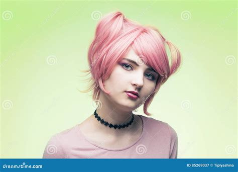 Portrait Of Girl In Pink Wig Stock Image Image Of Hair Teenager