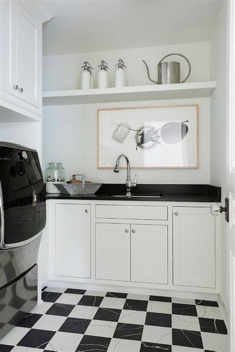 Black And White Checkered Laundry Room Floor Tiles Transitional