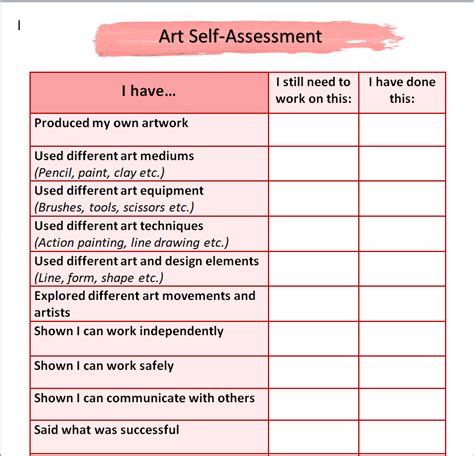 Art Rubric Self Assessment Sheet Teaching Resources