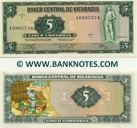 Nicaragua 5 Cordobas 1972 - Nicaraguan Currency Bank Notes, Central ...