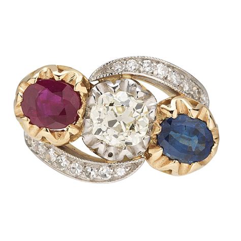 Edwardian Sapphire Ruby Old Mine Cut Diamond Gold Platinum Ring For