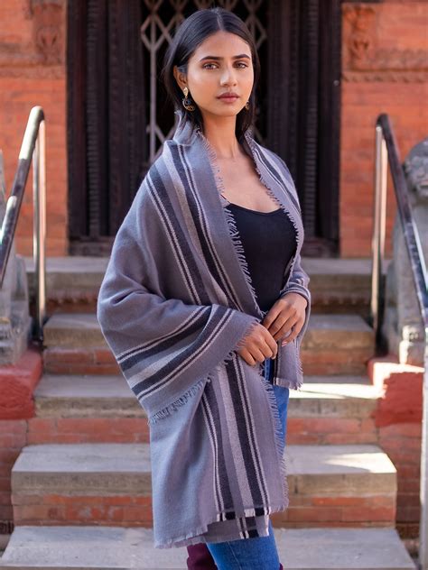 Frost Gray Pure Pashmina Cashmere Stole With Border Stripe Pattern From