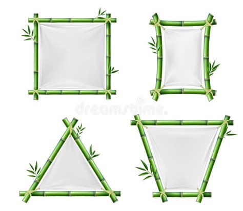 Bamboo Banners. Realistic Wooden Frames with White Textile. 3D Blank Japanese Posters. Geometric ...