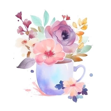 Acuarela De Una Taza Con Flores Foto Premium