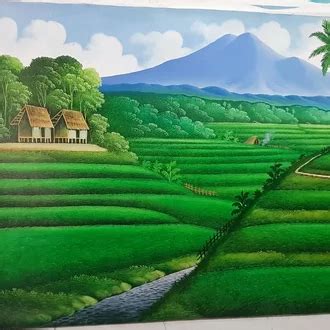 Detail Pemandangan Sawah Padi Lukisan Koleksi Nomer