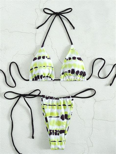 Emmiol Free Shipping 2024 Lace Up Tie Dye Bikini Set Green M In Bikini