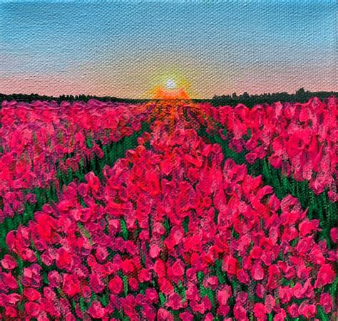 Tulip Fields Small Painting Ready To Hang Acrylic Painting By Amita