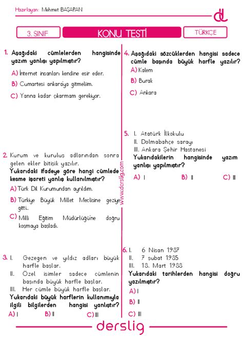 S N F T Rk E B Y K Harflerin Kullan M Yaprak Test Derslig