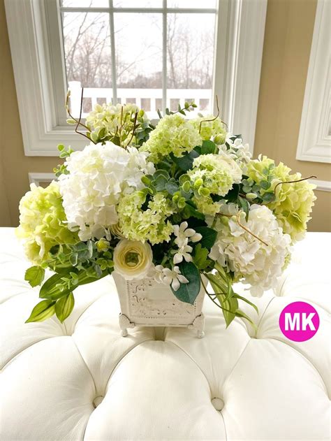 Green And White Hydrangea Centerpiece Luxury Modern Farm Etsy In