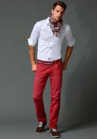 Men S White Dress Shirt Red Chinos Dark Brown Suede Boat Shoes White