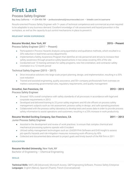 Process Safety Engineer Resume Examples for 2025 | Resume Worded