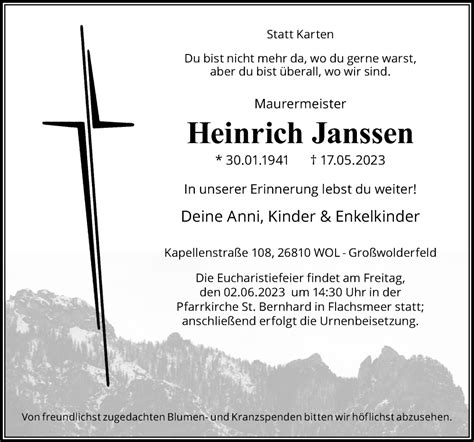 Traueranzeigen Von Heinrich Janssen Noz Trauerportal