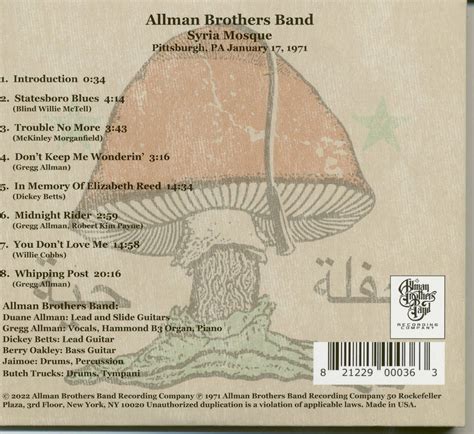 The Allman Brothers Band Cd Syria Mosque Pittsburgh Pa January 17