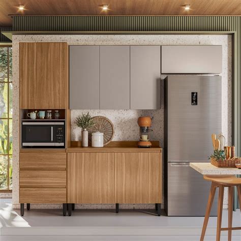 Cozinha Compacta Elegance 7 Portas 3 Gavetas 4 Prateleiras Amêndola Touch Nude Prime Tx Pnr