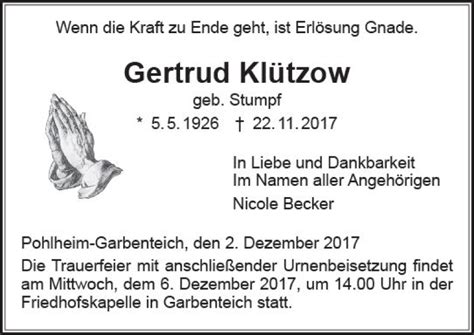 Traueranzeigen Von Gertrud Kl Tzow Vrm Trauer De