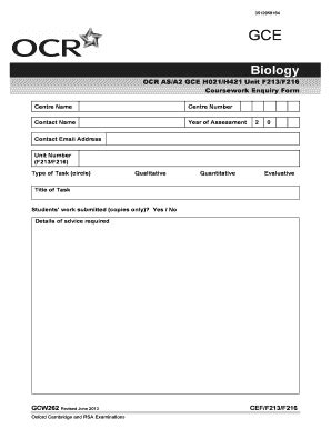 Fillable Online Ocr Org Ocr Coursework Enquiry Service Biology Form Fax