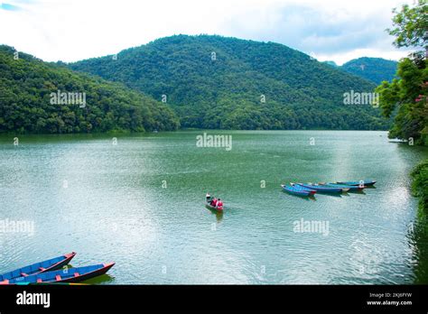 Beautiful Lake With Boats At Phewa Fewa Lake In Pokhara Nepal Stock