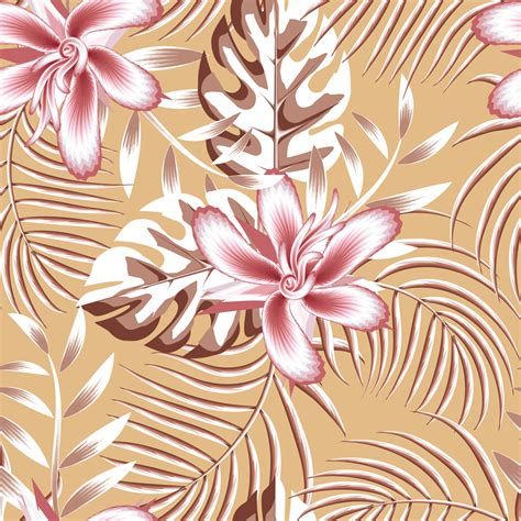 Summer Tropical Seamless Pattern With Abstract Monstera Palm Leaves And