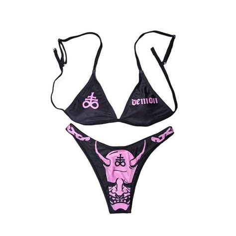 Women Gothic Bikini Swimsuit Set Y2k Cute Micro Bra Thong Bikini Set