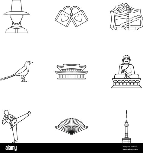 Country Of South Korea Icons Set Outline Style Stock Vector Image