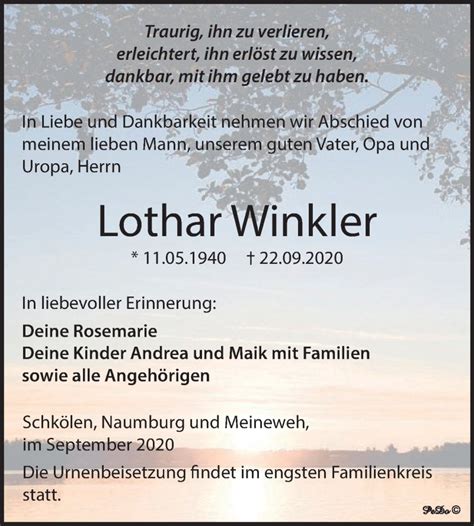 Traueranzeigen Von Lothar Winkler Abschied Nehmen De