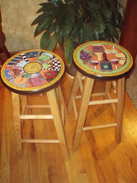 Hand Made Custom Hand Painted Wooden Round Top Bar Stool Kitchen