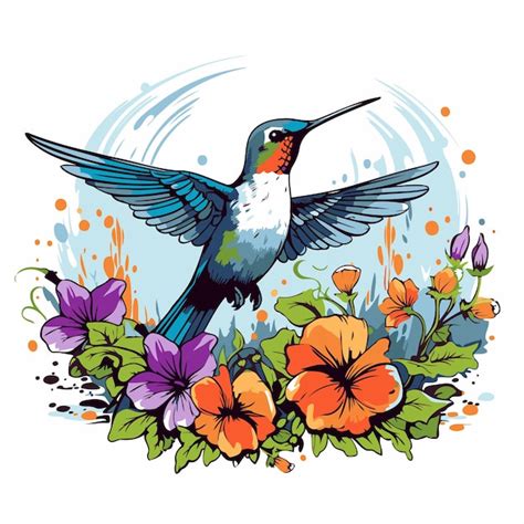 Colibri con flores Ilustración vectorial dibujada a mano en estilo