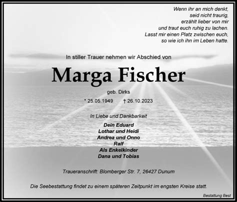 Traueranzeigen Von Marga Fischer Nordwest Trauer De