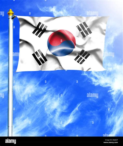 Blue Sky And Mast With Hanged Waving Flag Of South Korea Stock Photo