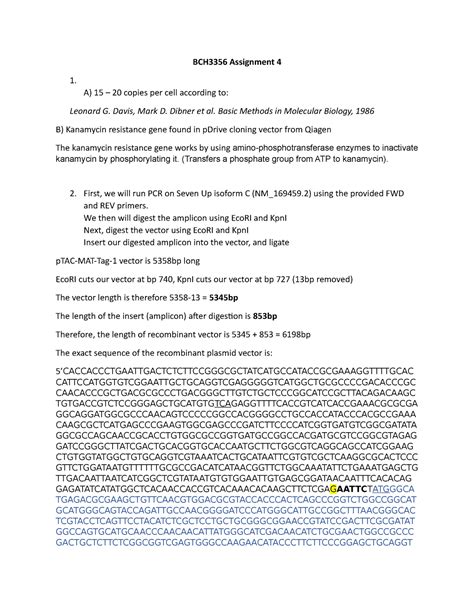 2022Assignment4 BCH3356 Assignment 4 1 A 15 20 Copies Per Cell