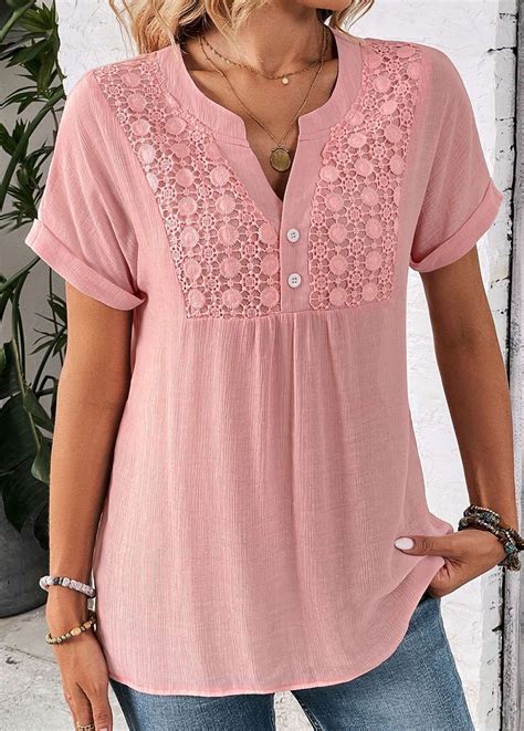 Rotita Lace Pink Split Neck Short Sleeve Blouse Blusas Bonitas Ropa