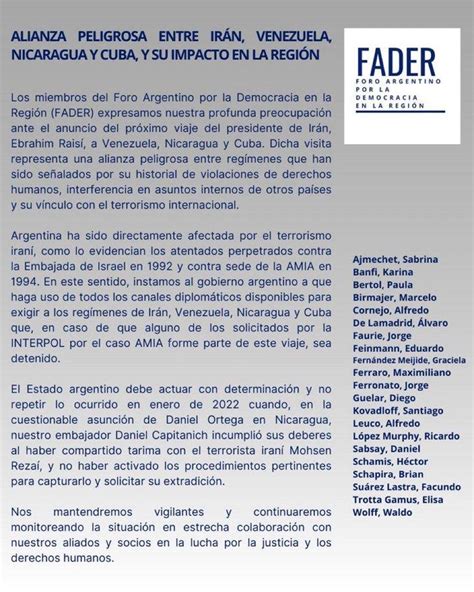 Desde El Foro Argentino Por La Democracia En La Región Fader Expresan