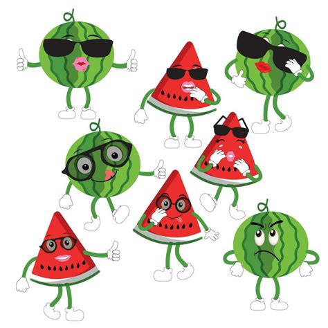 Funny Watermelon Slices Characters With Cartoon Smile Faces Cute Fruit