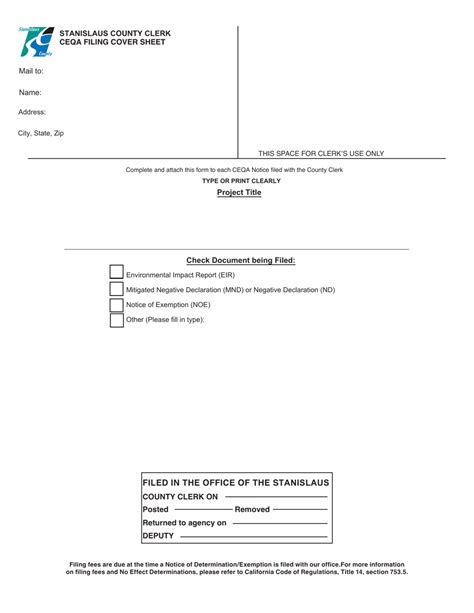 Stanislaus County California Ceqa Filing Cover Sheet Fill Out Sign