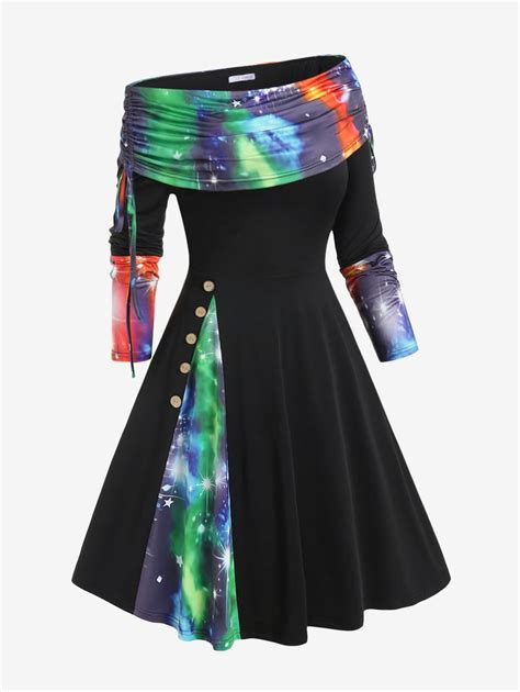 Rosegal Womens Plus Size Skew Neck Cinched Foldover Tie Dye Starlight Print Midi Dress